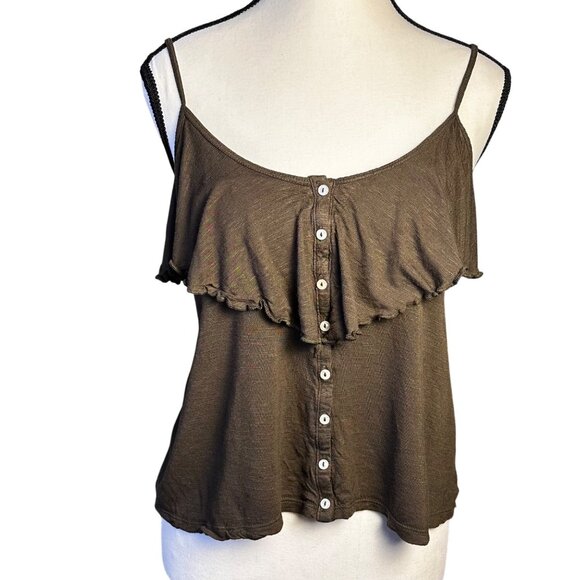 Womens Blouse Army Green Sz M Button-Down Ruffle Camisole Top Spaghetti Straps - Picture 1 of 9